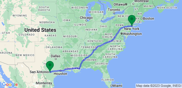 San Antonio to New York City Movers Map