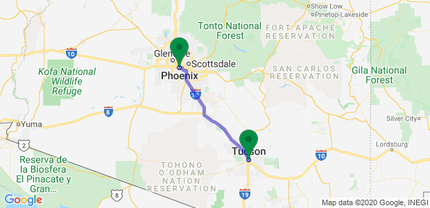 Phoenix to Tucson Movers Map