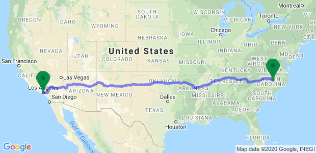 Los Angeles to Raleigh Moving Companies Map