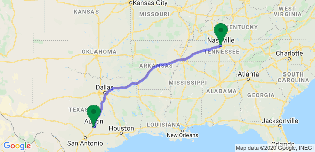 Austin to Nashville Movers Map